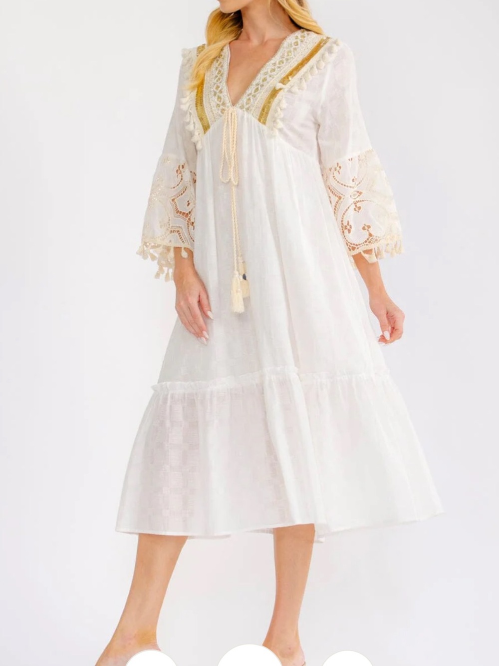 SD1- White Midi Boho Dress with Gold Trim - Picture 3 of 3